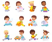 Babies playing with toys. Multiethnic kids hold different items, little boys and girls sitting on floor with car, ball and cubes. Stuffed and educational toy collection vector cartoon set