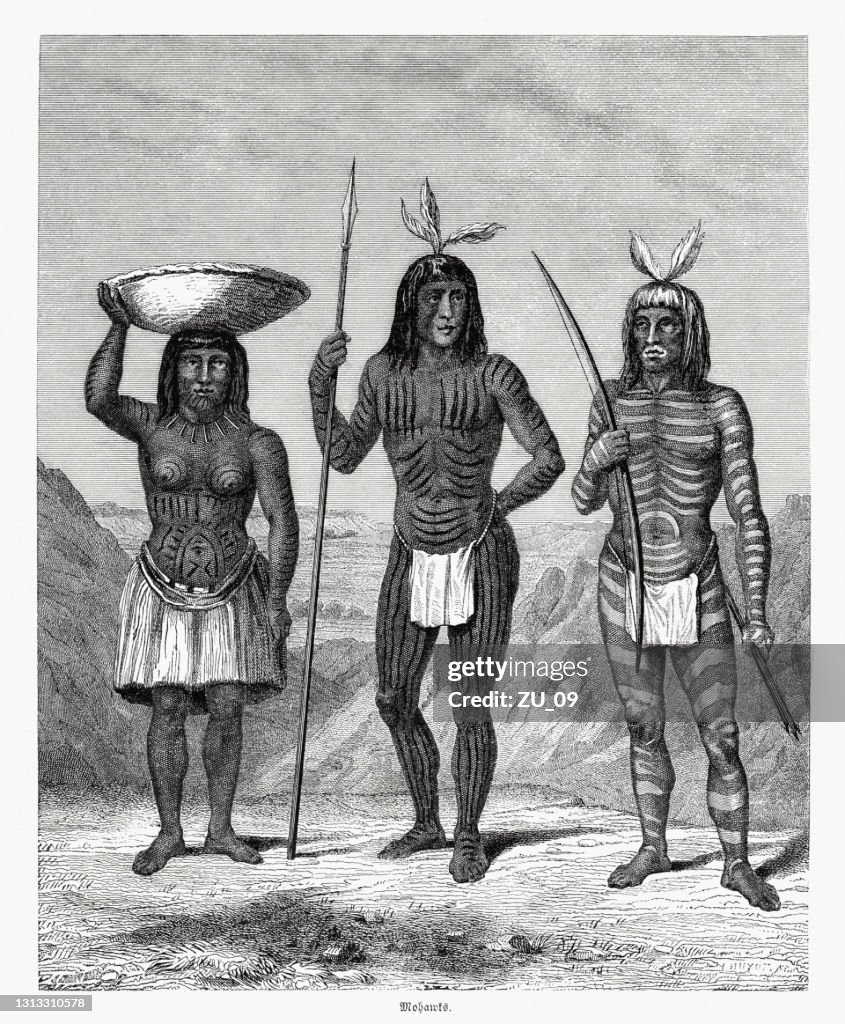 Mohawk people in the past, wood engraving, published in 1868