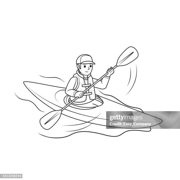 a man paddling in canoe or kayak extreme sports isolated on white background. for preschool kid coloring activity worksheet, comparison, drawing, doodle, art project, first word book or flash card. color cartoon character clipart. - people on canoe clip art stock illustrations
