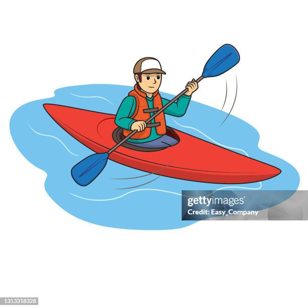 stockillustraties, clipart, cartoons en iconen met een mens die in kano of kajak extreme sporten peddelt die op witte achtergrond worden geïsoleerd. voor kleuter kleuractiviteit werkblad, vergelijking, tekening, doodle, kunstproject, eerste woord boek of flash card. kleur cartoon karakter clipart. - kanoën