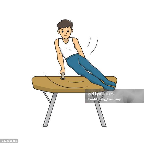 young artistic gymnastics athlete training on pommel horse isolated on white background. kids coloring page, drawing, art, first word, flash card. color cartoon character clipart vector illustration. - gymnastics stock illustrations