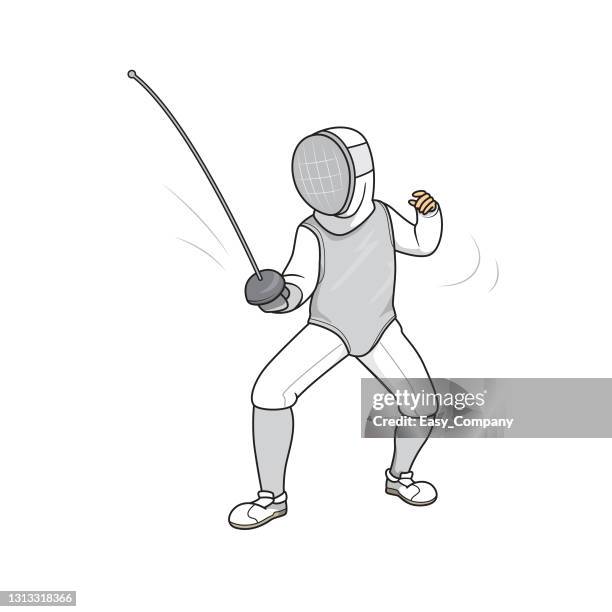 vector illustration of athlete in fencing outfit with mask and sword isolated on white background. kids coloring page, drawing, art, first word, flash card. color cartoon character clipart. - épée fencing sport stock illustrations
