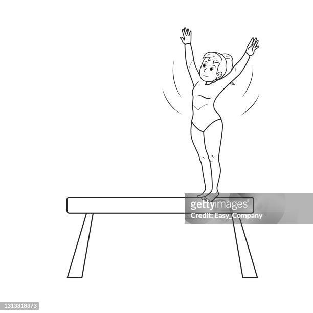 young artistic gymnastics athlete training on balance beam isolated on white background. kids coloring page, drawing, art, first word, flash card. color cartoon character clipart vector illustration. - artistic gymnastics stock illustrations