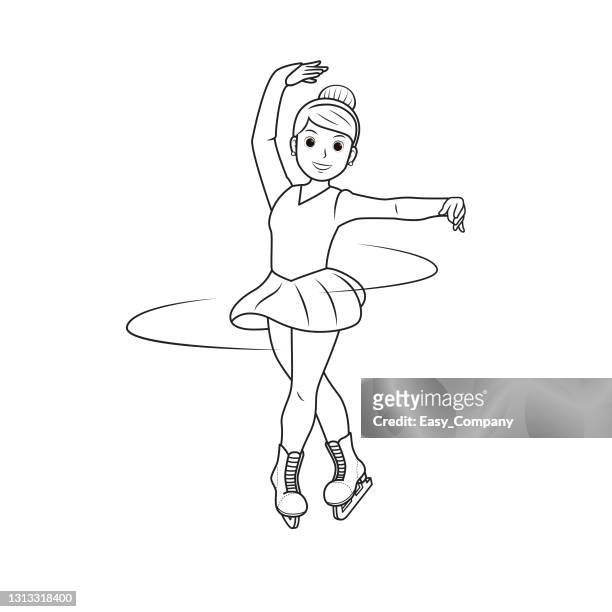 vector illustration of figure skate woman athlete performed in the ice rink isolated on white background. kids coloring page, drawing, art, first word, flash card. color cartoon character clipart. - black and white actors stock illustrations