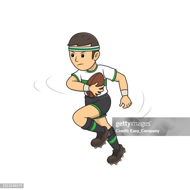 vector illustration of young rugby athlete holding rugby ball with speed run isolated on white background. kids coloring page, drawing, art, first word, flash card. color cartoon character clipart. - rugby icon stock illustrations