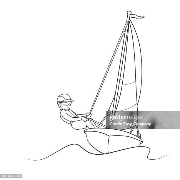 stockillustraties, clipart, cartoons en iconen met vectorillustratie van enkele zeilsporter op de zeilboot geïsoleerd op witte achtergrond. kinderen kleurplaat, tekening, kunst, eerste woord, flash card. kleur cartoon karakter clipart. - zeilboot