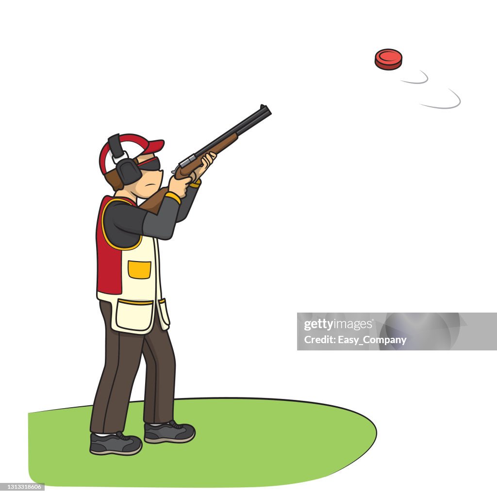 Vector Illustration Of Skeet Shooting Athlete Posing With Shotgun Aimed To  Target Isolated On White Background Kids Coloring Page Drawing Art First  Word Flash Card Color Cartoon Character Clipart High-Res Vector Graphic -