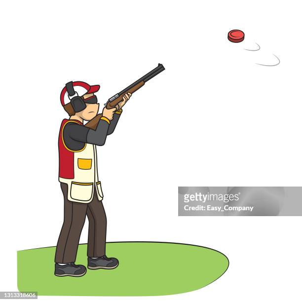 vector illustration of skeet shooting athlete posing with shotgun aimed to target isolated on white background. kids coloring page, drawing, art, first word, flash card. color cartoon character clipart. - shotgun stock illustrations