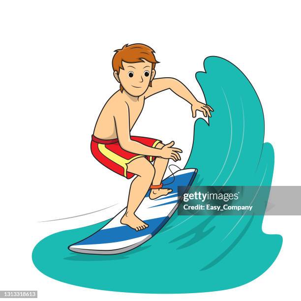 vector illustration of surfing athlete standing on surfboard in front of big wave isolated on white background. kids coloring page, drawing, art, first word, flash card. color cartoon character clipart. - coach playbook stock illustrations