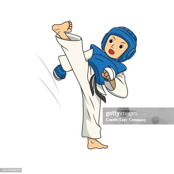 vector illustration of young adult taekwondo athlete training leg kicking over head isolated on white background. kids coloring page, drawing, art, first word, flash card. color cartoon character clipart. - coloring contest stock illustrations