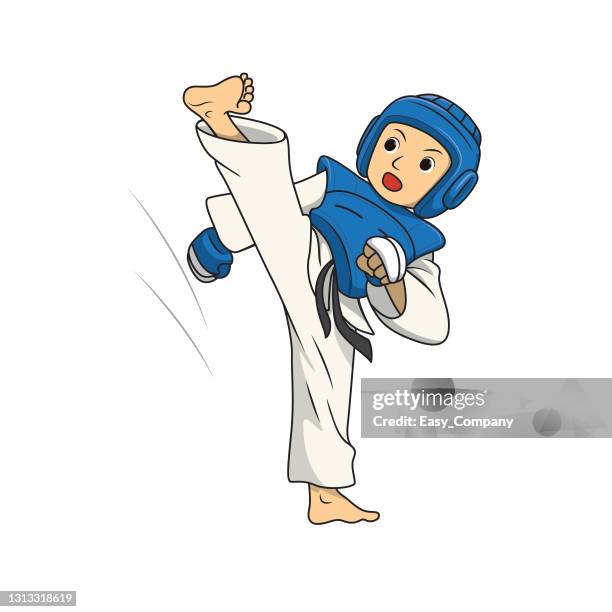 vector illustration of young adult taekwondo athlete training leg kicking over head isolated on white background. kids coloring page, drawing, art, first word, flash card. color cartoon character clipart. - taekwondo stock illustrations