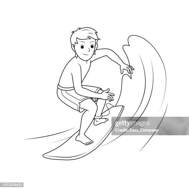 stockillustraties, clipart, cartoons en iconen met vectorillustratie van surfen atleet staande op surfplank voor grote golf geïsoleerd op witte achtergrond. kinderen kleurplaat, tekening, kunst, eerste woord, flash card. kleur cartoon karakter clipart. - surfing big island hawaii