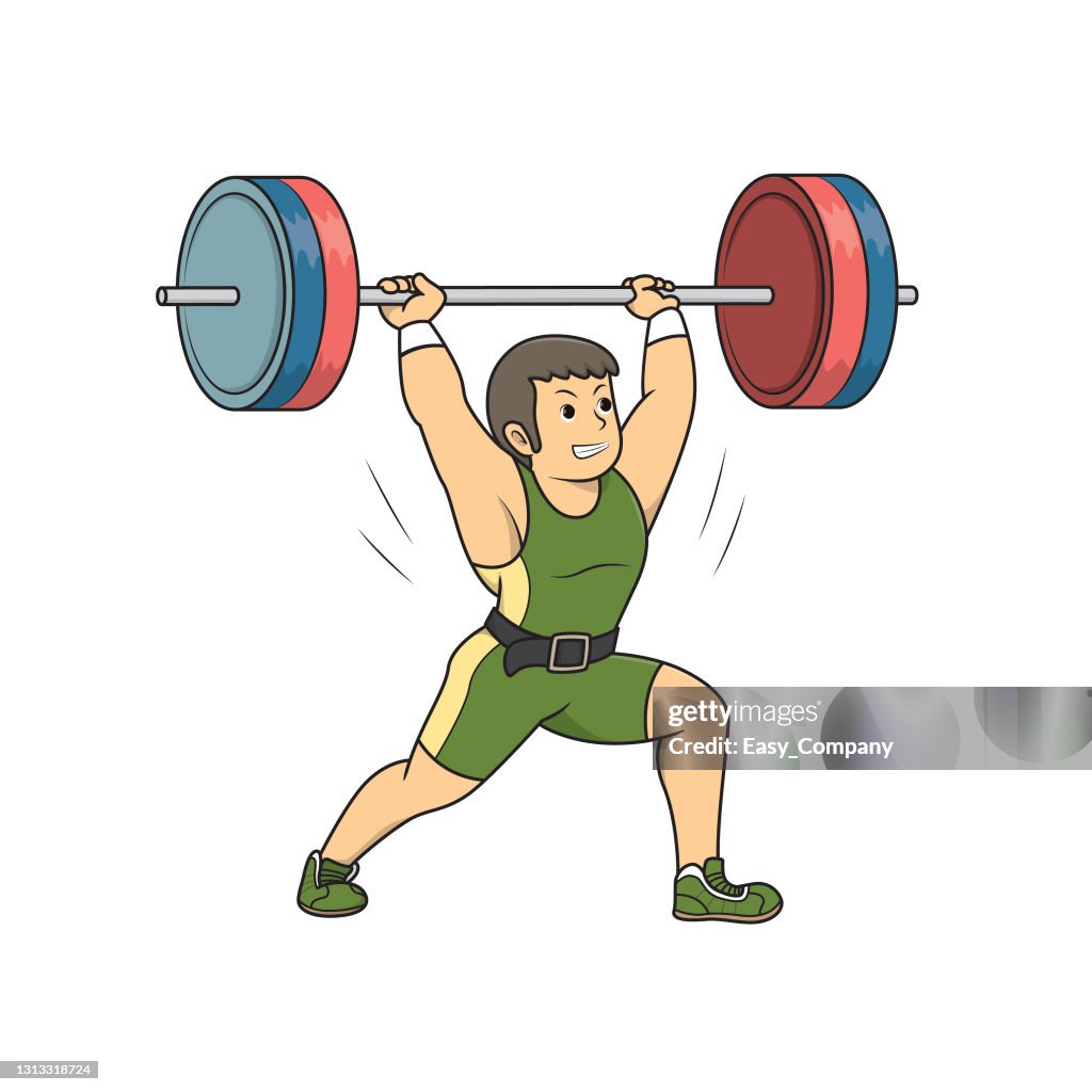 Vector illustration of weightlifting athlete lifting the barbell over his head isolated on white background. Bodybuilder and sport concepts. Kids coloring page. Color cartoon character clipart.