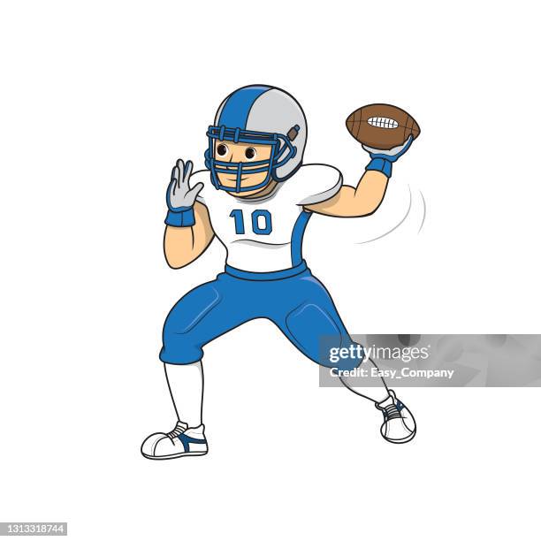 vector illustration of american football player throwing ball isolated on white background. sport competition or training concepts. kids coloring page. color cartoon character clipart. - quarterback vector stock illustrations