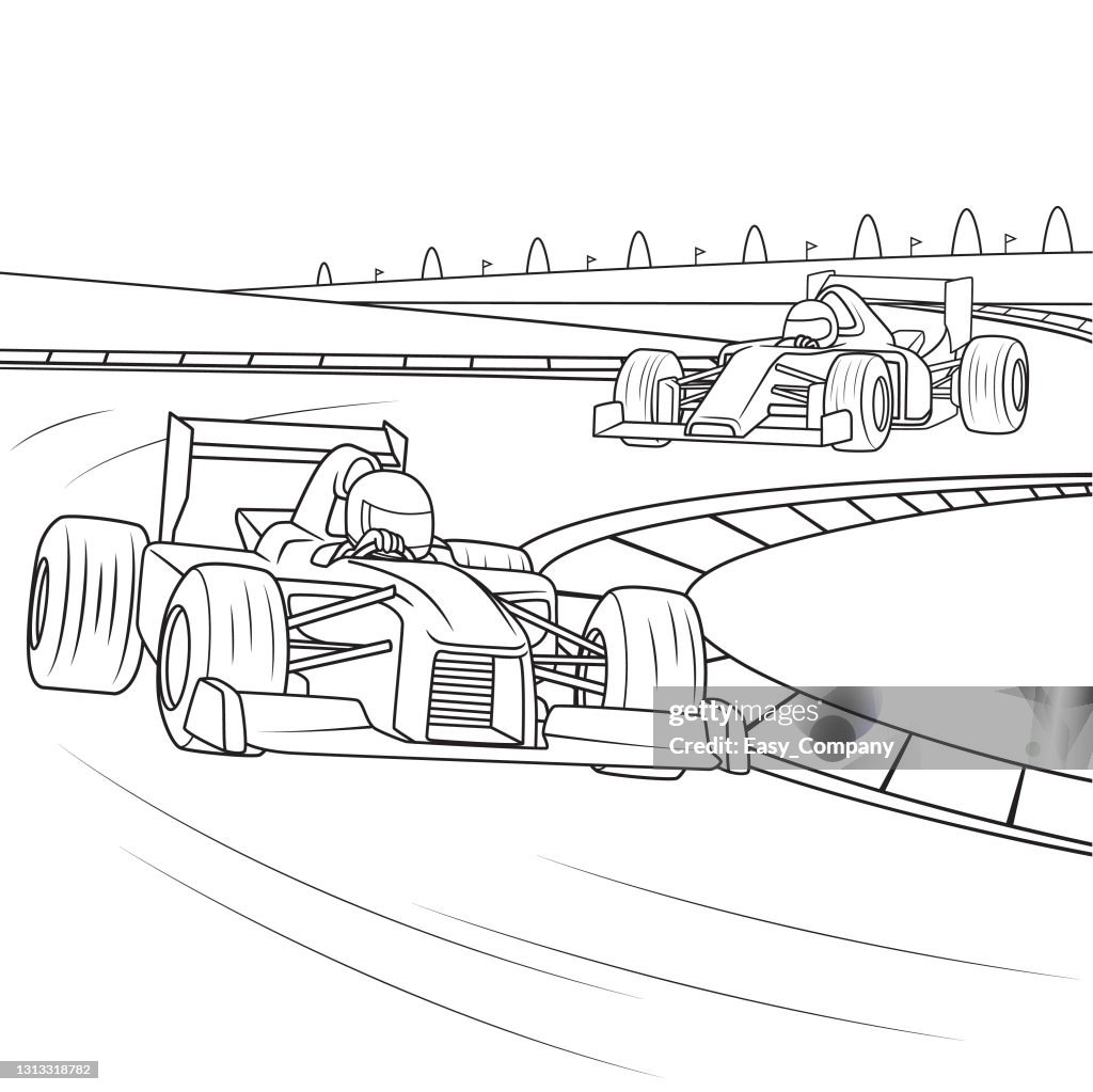 Illustrazione vettoriale delle corse automobilistiche su pista isolata su sfondo bianco. Competizioni sportive o concetti di allenamento. Pagina da colorare per bambini. Clipart dei caratteri dei cartoni animati a colori.
