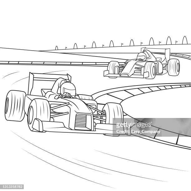 vector illustration of motor sport car racing on race track isolated on white background. sport competition or training concepts. kids coloring page. color cartoon character clipart. - motorsport stock illustrations