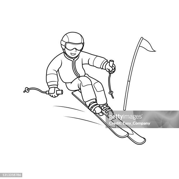 vector illustration of people skiing alpine downhill or slalom on snow isolated on white background. sport competition or training concepts. kids coloring page. color cartoon character clipart. - man skiing stock illustrations