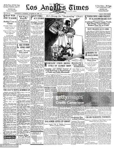 1920s The Los Angeles Times Newspaper October 30 1929 Headline Stocks Dive Amid Frenzy In 16 000 Share Day Ca USA.