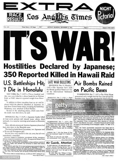 1940s The Los Angeles Times Newspaper December 8 1941 Headlines Its War Japanese Bombed Pearl Harbor Los Angeles Ca USA.