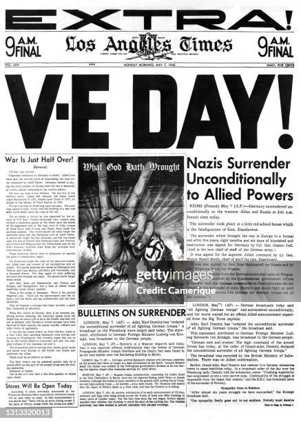 1940s The Los Angeles Times Newspaper May 7 1945 Headline V-E Day Nazis Surrender Unconditionally To Allied Powers Ca USA.