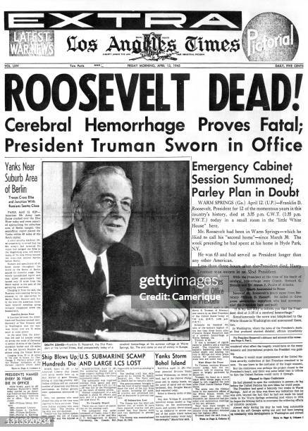 1940s The Los Angeles Times Newspaper April 13 1945 Headline Roosevelt Dead Cerebral Hemorrhage Proves Fatal Ca USA.