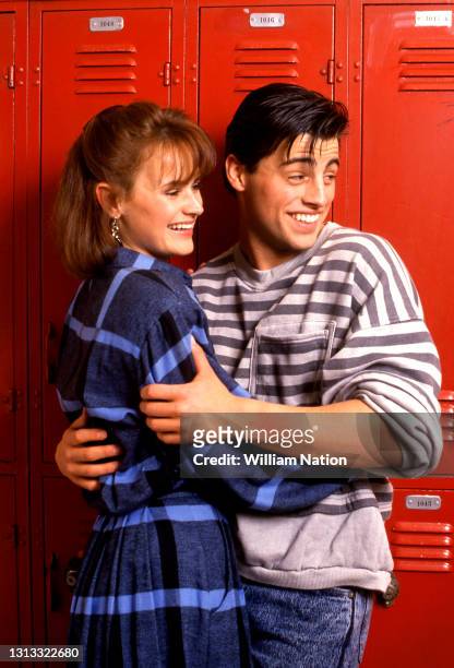 American actress Lisa Trusel and American actor and comedian Matt LeBlanc pose for a portrait while on the set of the television series "TV 101"...