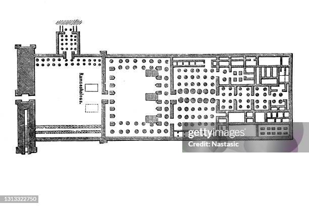 the ramesseum with floor plans - memorial temple of pharaoh ramesses ii. located in the theban necropolis in upper egypt, across the river nile from the modern city of luxor. - theban necropolis stock illustrations