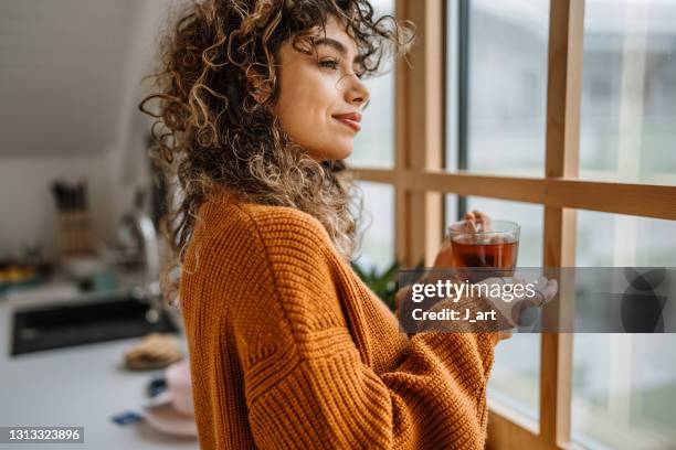 small rituals make the day better. - woman drinking tea stock pictures, royalty-free photos & images