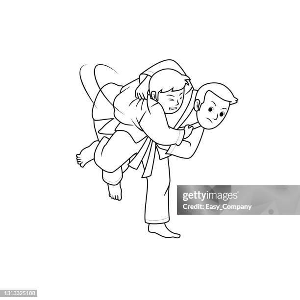 action of judo athlete throwing the opponent during fight isolated on white background. kids coloring page, drawing, art, first word, flash card. color cartoon character clipart vector illustration. - aikido stock illustrations