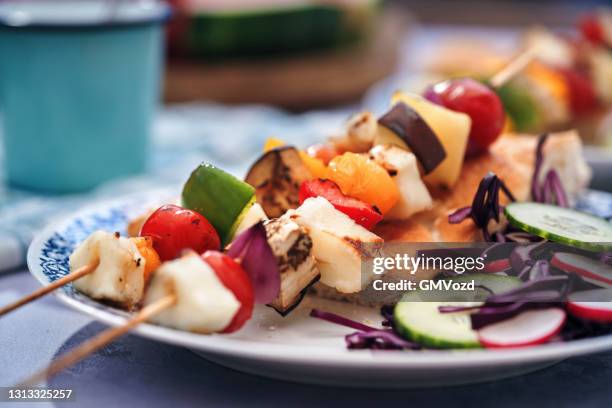 vegetable kebab with bell pepper, onion, tomato and cheese - grilled vegetables stock pictures, royalty-free photos & images