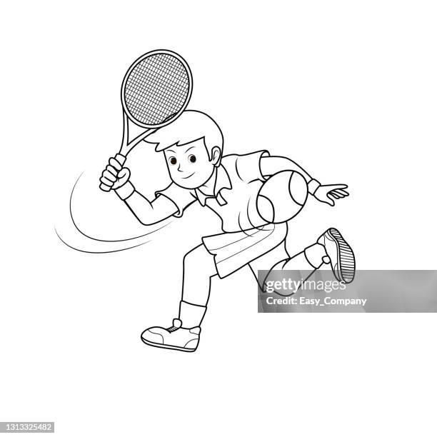 ilustrações de stock, clip art, desenhos animados e ícones de vector illustration of young adult tennis player playing tennis with racket and ball isolated on white background. kids coloring page, drawing, art, flash card. color cartoon character clipart. - rede de ténis