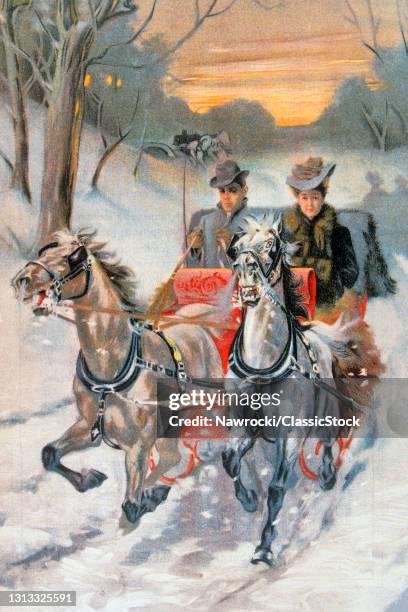 1890s 1900s Painting Of Turn Of The 20Th Century Couple Out For A Winter Drive In A Two Horse Drawn Open Cutter Sleigh.