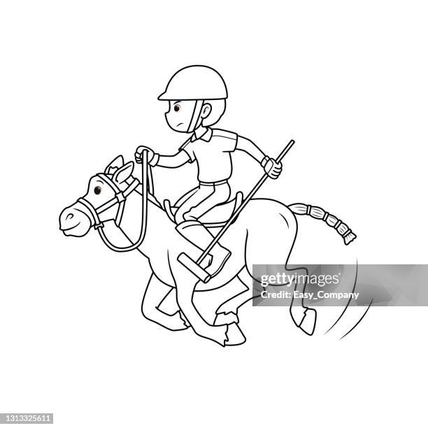 vektor-illustration eines mannes, der auf dem pferd reitet und einen langhandigen holzschläger für polotraining auf weißem hintergrund hält. sportspielkonzepte. kinder färbung seite. farbe cartoon zeichen clipart. - polo stock-grafiken, -clipart, -cartoons und -symbole