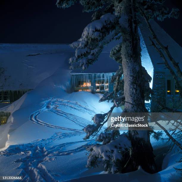 1990s Snow Winter Nighttime Timberline Lodge Mount Hood Oregon USA.