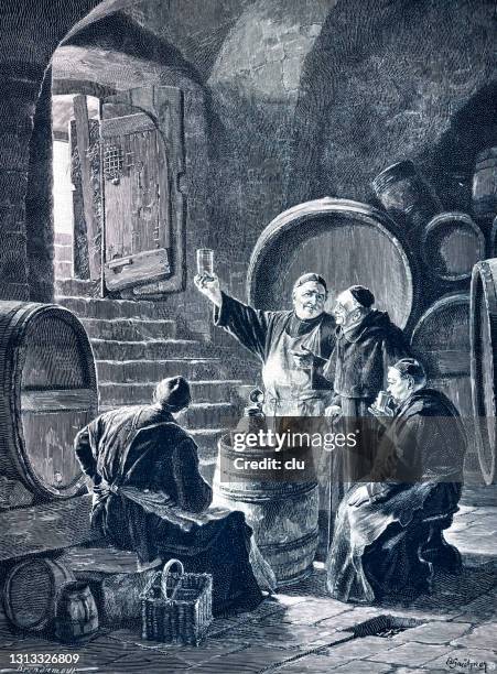 monks in the wine cellar during a tasting, holding glass into the sun rays - wine tasting stock illustrations