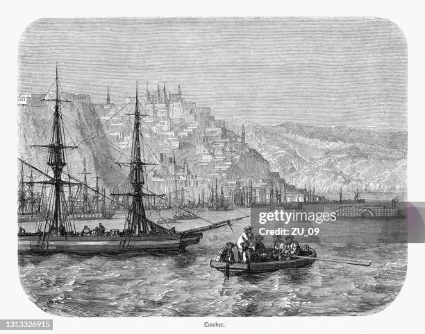 historical view of quebec city, canada, wood engraving, published 1868 - people in quebec city stock illustrations