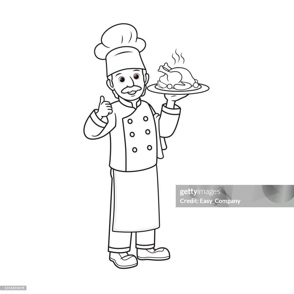 Vector illustration of chef, cook isolated on white background. Jobs and occupations concept. Cartoon characters. Education and school kids coloring page, printable, activity, worksheet, flashcard.