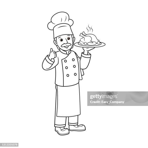 vector illustration of chef, cook isolated on white background. jobs and occupations concept. cartoon characters. education and school kids coloring page, printable, activity, worksheet, flashcard. - chef salad stock illustrations