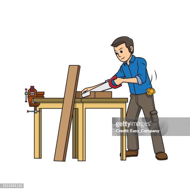 ilustrações de stock, clip art, desenhos animados e ícones de vector illustration of carpenter isolated on white background. jobs and occupations concept. cartoon characters. education and school kids coloring page, printable, activity, worksheet, flashcard. - man builds his own plane