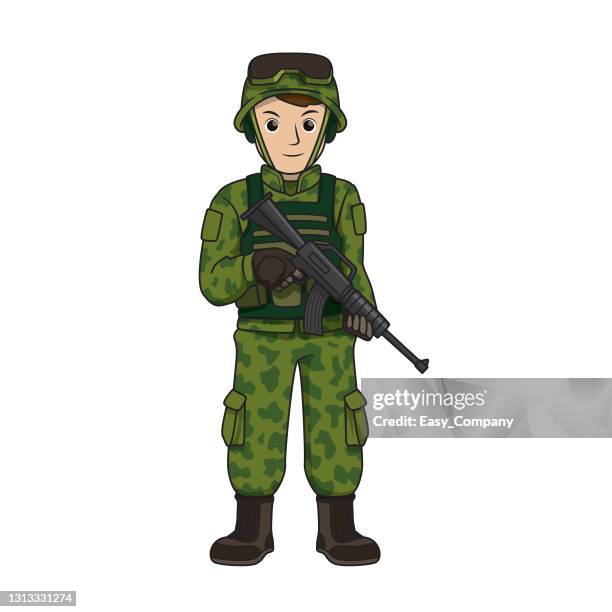 vector illustration of soldier isolated on white background. jobs and occupations concept. cartoon characters. education and school kids coloring page, printable, activity, worksheet, flashcard. - army soldier stock illustrations