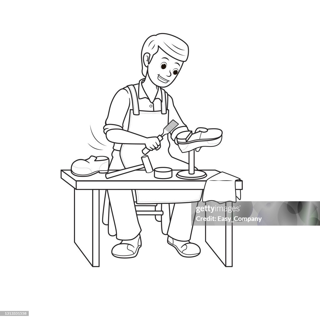 Vector illustration of shoemaker, cobbler isolated on white background. Jobs and occupations concept. Cartoon characters. Education and school kids coloring page, printable, activity, worksheet, flashcard.