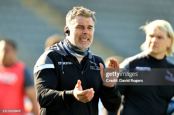 Nick Easter, the Newcastle Falcons defence coach shouts instrucduring the Gallagher Premiership Rugby match between Newcastle Falcons and Bristol...