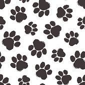 Animal paw vector seamless pattern, cartoon black silhouette paws cat or dog. Simple footprint. Abstract illustration