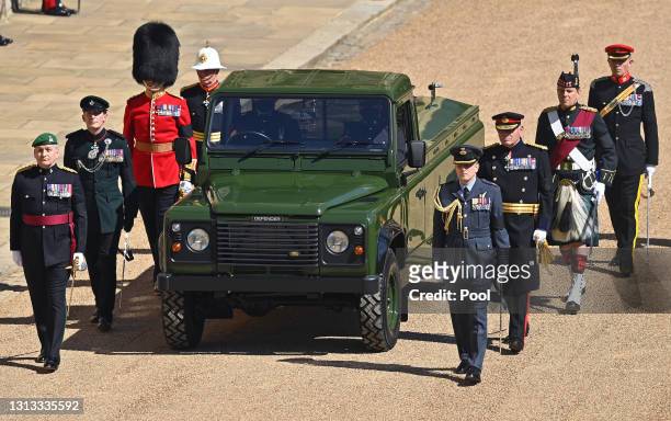 Specially designer Land Rover Defender hearse arrives in the Quadrangle of Windsor Castle ahead of Prince Philip, Duke of Edinburgh's funeral at St....