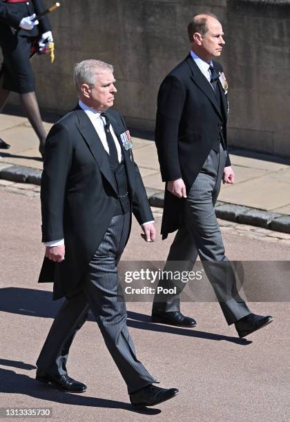 Prince Andrew, Duke of York and Prince Edward, Earl of Wessex take part in Prince Philip, Duke of Edinburgh's funeral procession to St. George's...