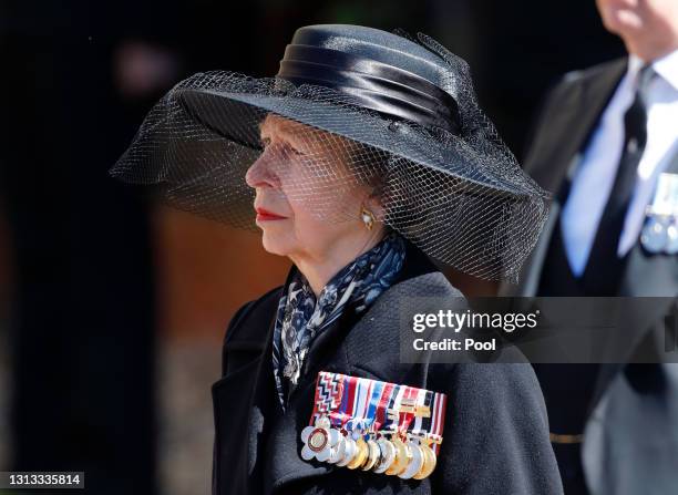 Princess Anne, Princess Royal attends the funeral of Prince Philip, Duke of Edinburgh at St. George's Chapel, Windsor Castle on April 17, 2021 in...