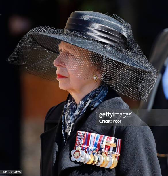 Princess Anne, Princess Royal attends the funeral of Prince Philip, Duke of Edinburgh at St. George's Chapel, Windsor Castle on April 17, 2021 in...