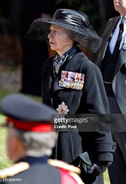 Princess Anne, Princess Royal attends the funeral of Prince Philip, Duke of Edinburgh at St. George's Chapel, Windsor Castle on April 17, 2021 in...