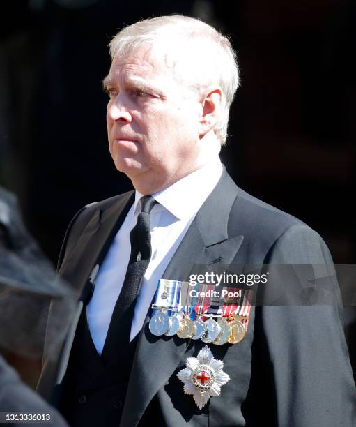 Prince Andrew, Duke of York attends the funeral of Prince Philip, Duke of Edinburgh at St. George's Chapel, Windsor Castle on April 17, 2021 in...