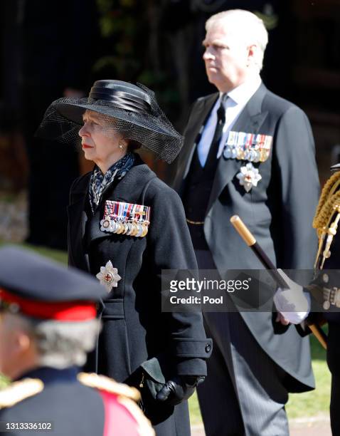 Princess Anne, Princess Royal and Prince Andrew, Duke of York attend the funeral of Prince Philip, Duke of Edinburgh at St. George's Chapel, Windsor...